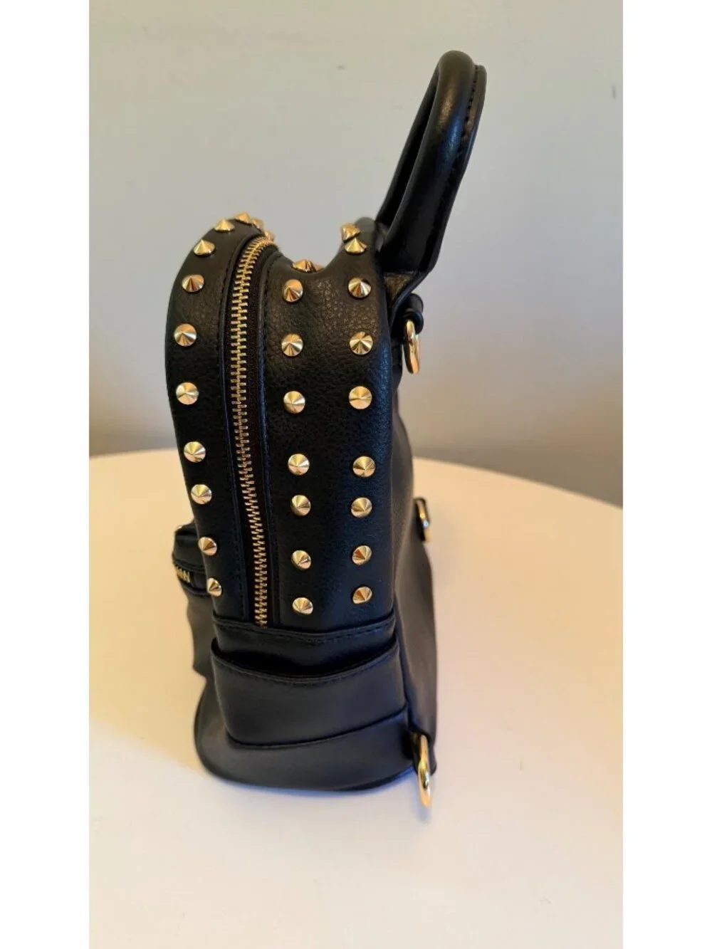 Bebe Black Mini Backpack Purse With Gold Studs & Tassel Accent
